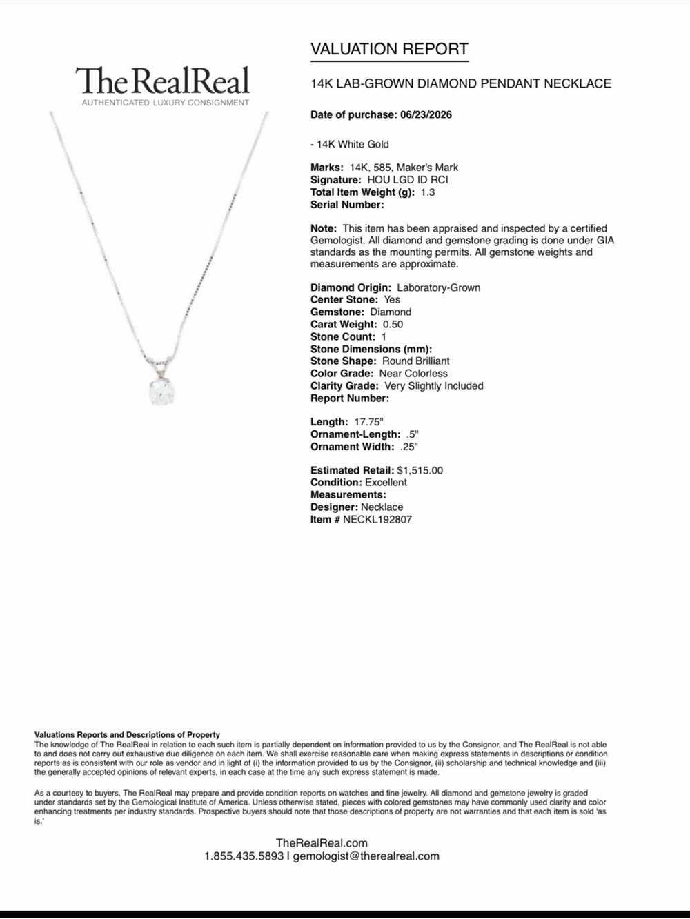 .50 Carat 14K White Gold Lab-Grown Diamond Pendant Necklace - White